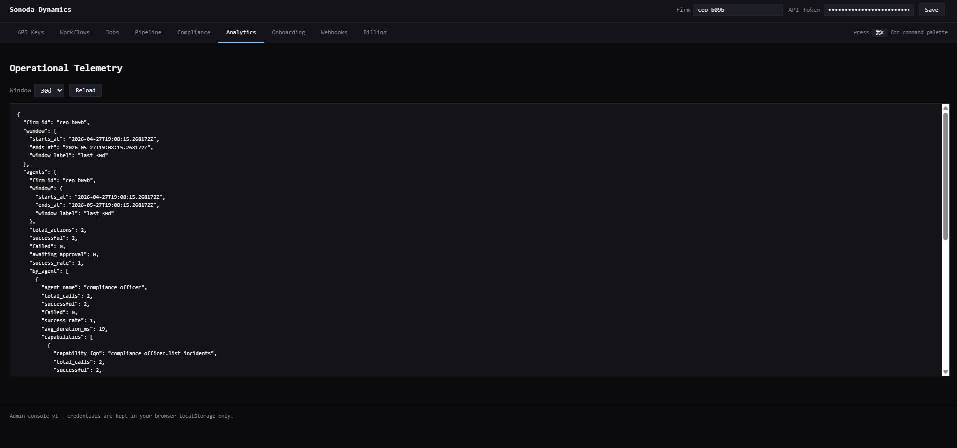 Operational telemetry JSON — per-agent metrics, capability calls, success rate, average latency