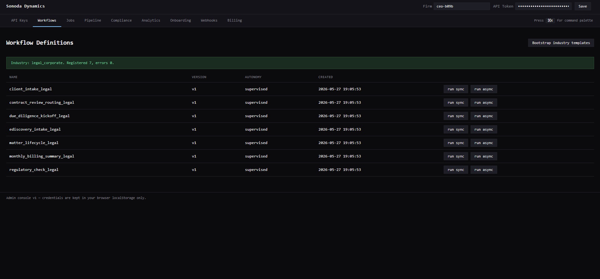 Workflow Definitions admin view — 7 legal_corporate templates registered, versioned, runnable